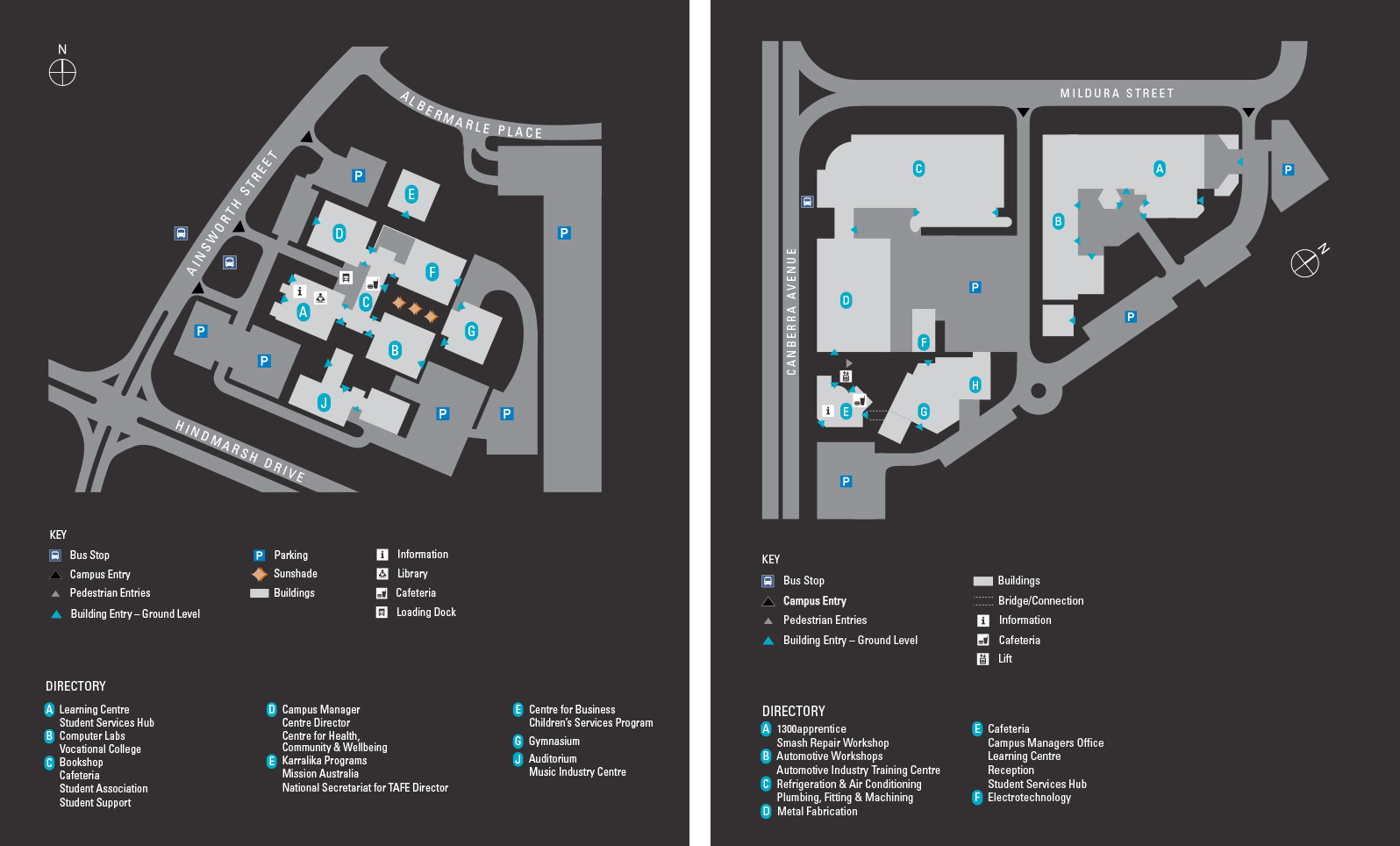 Educational campus map design by Minale Tattersfield for 4 campuses at the Canberra Institute of Technology, ACT, Australia