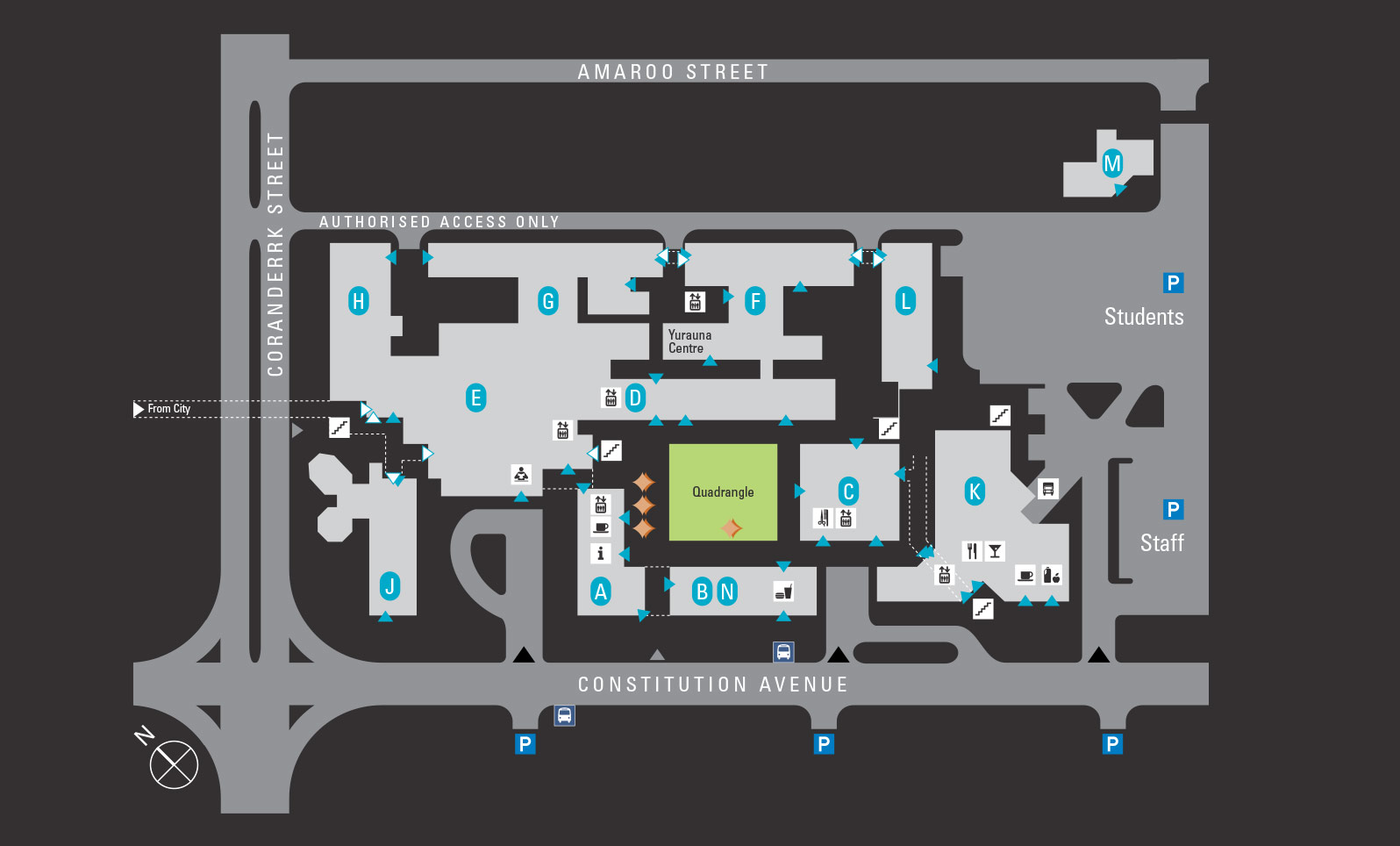 Educational campus map design by Minale Tattersfield for 4 campuses at the Canberra Institute of Technology, ACT, Australia